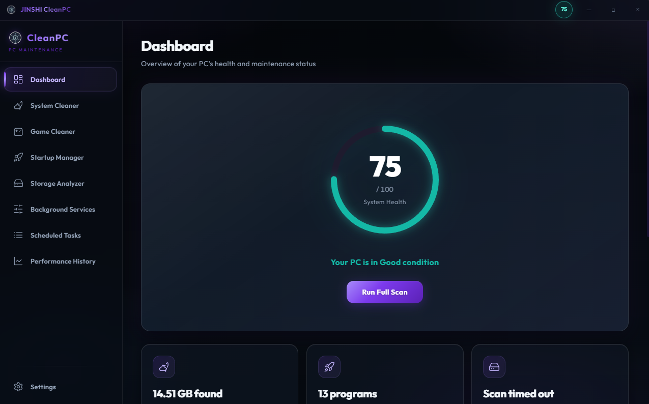 JINSHI CleanPC interface for junk removal, cache cleaning, and PC health