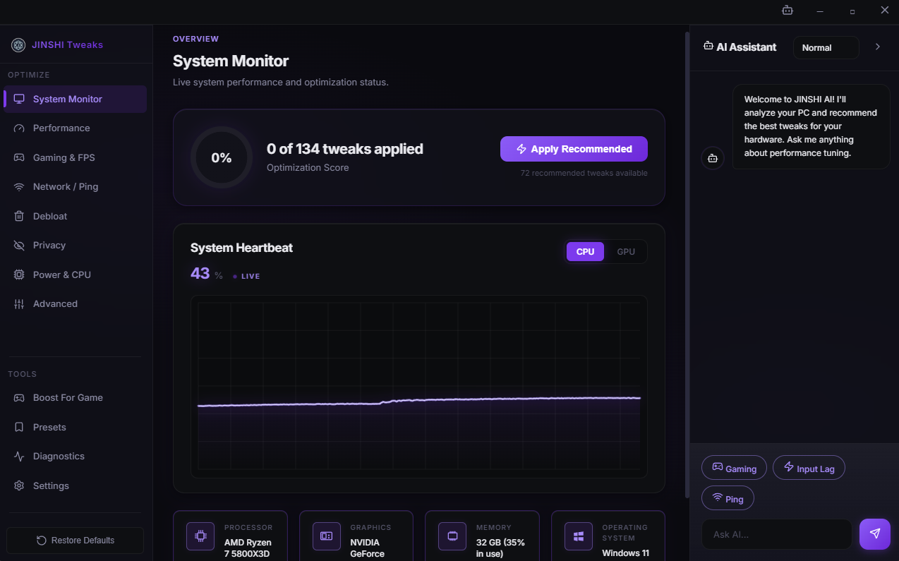 JINSHI Tweaks PC optimization interface showing FPS boost from 134 to 456 frames per second