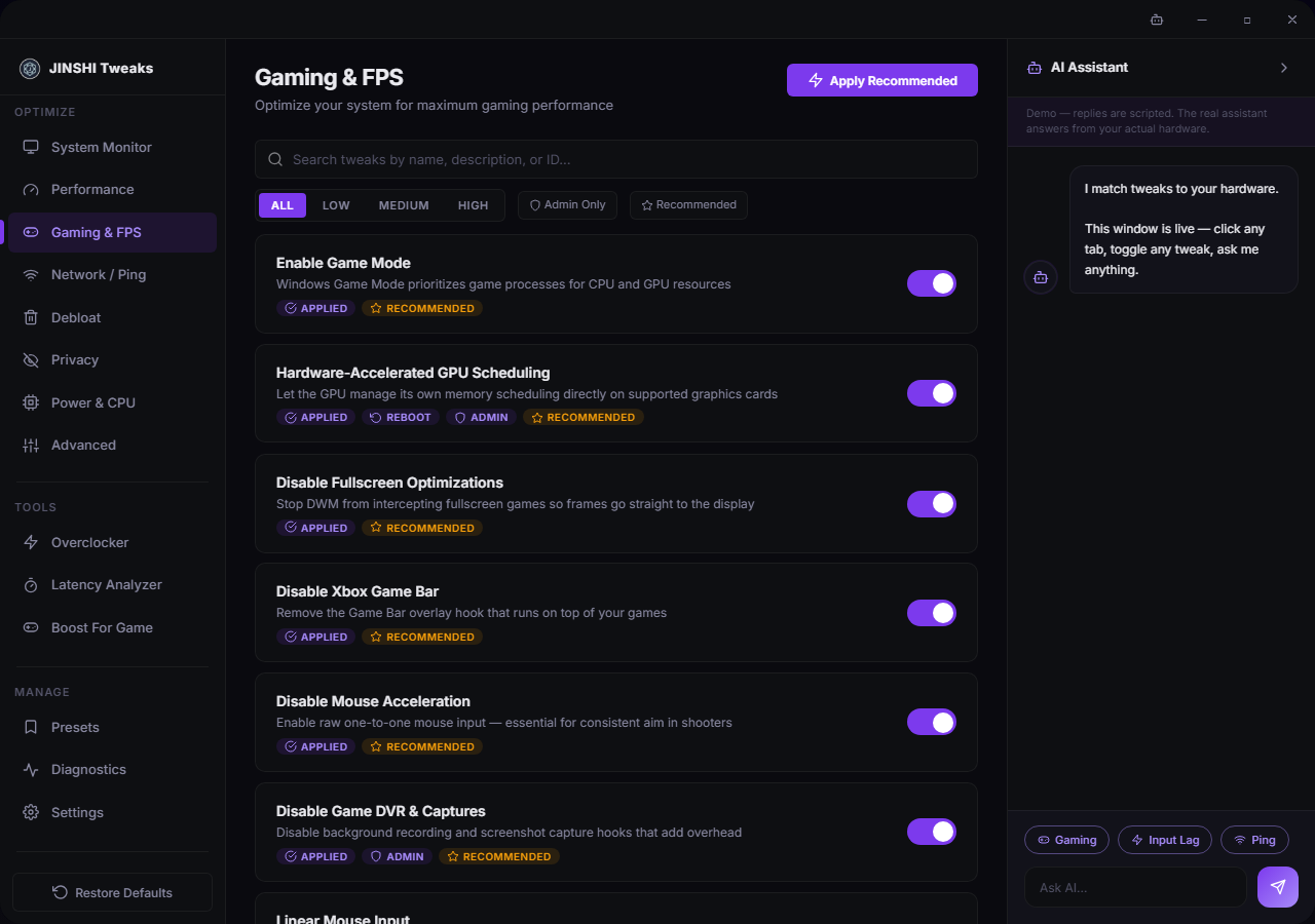 JINSHI Tweaks app interface: the Gaming and FPS tweak list with the assistant panel open