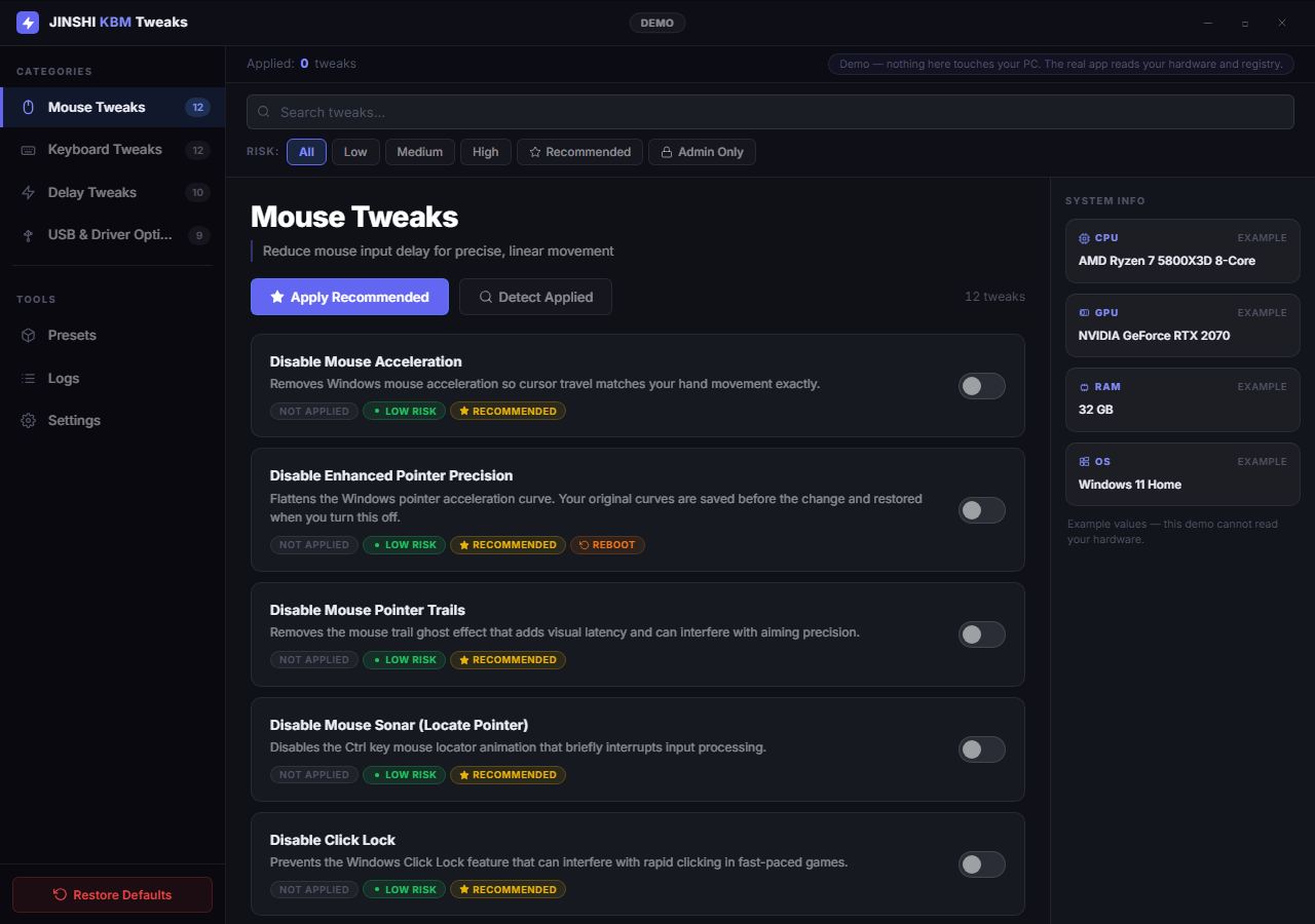 JINSHI KBM Tweaks demo window on its Mouse Tweaks page, listing pointer acceleration and precision settings with risk badges