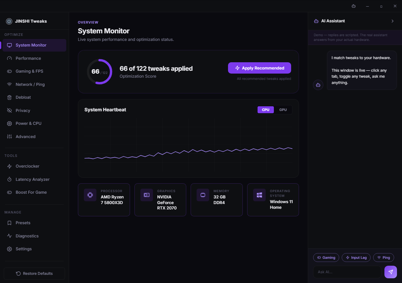 JINSHI Tweaks demo window on its System Monitor page, with the tweak categories in the sidebar and the assistant panel open