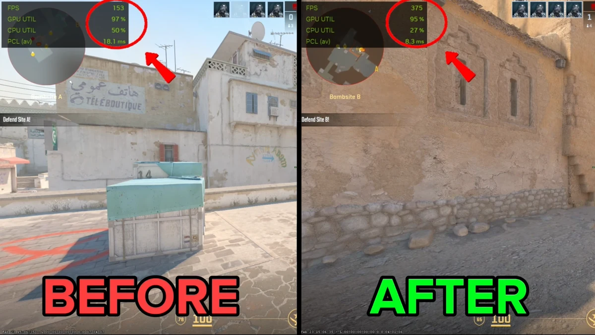 CS2, before and after side by side, with the on-screen frame counter circled in each half.