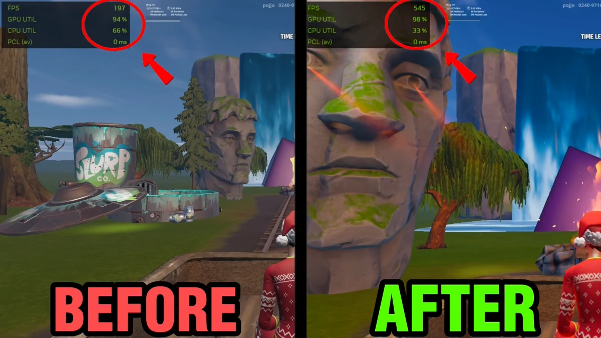Fortnite, before and after side by side, with the on-screen frame counter circled in each half.