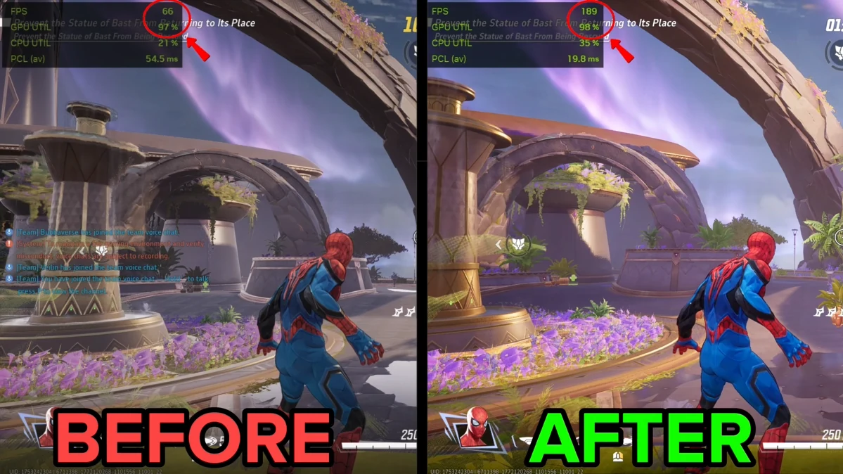 Marvel Rivals, before and after side by side, with the on-screen frame counter circled in each half.